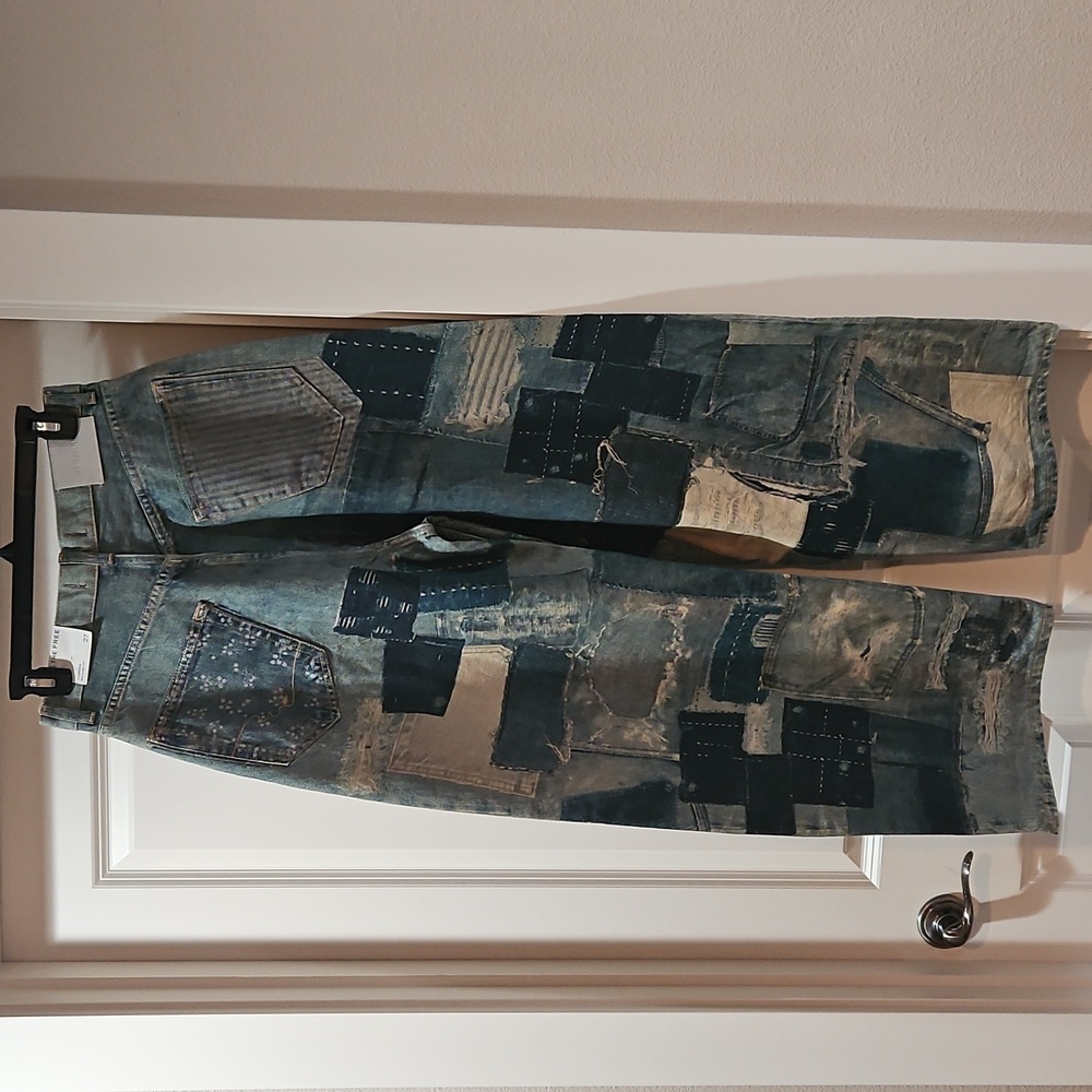 Free People Illusions Patchwork Printed Jeans Barrel Leg Relaxed Indigo 27 NWT - Picture 5 of 15